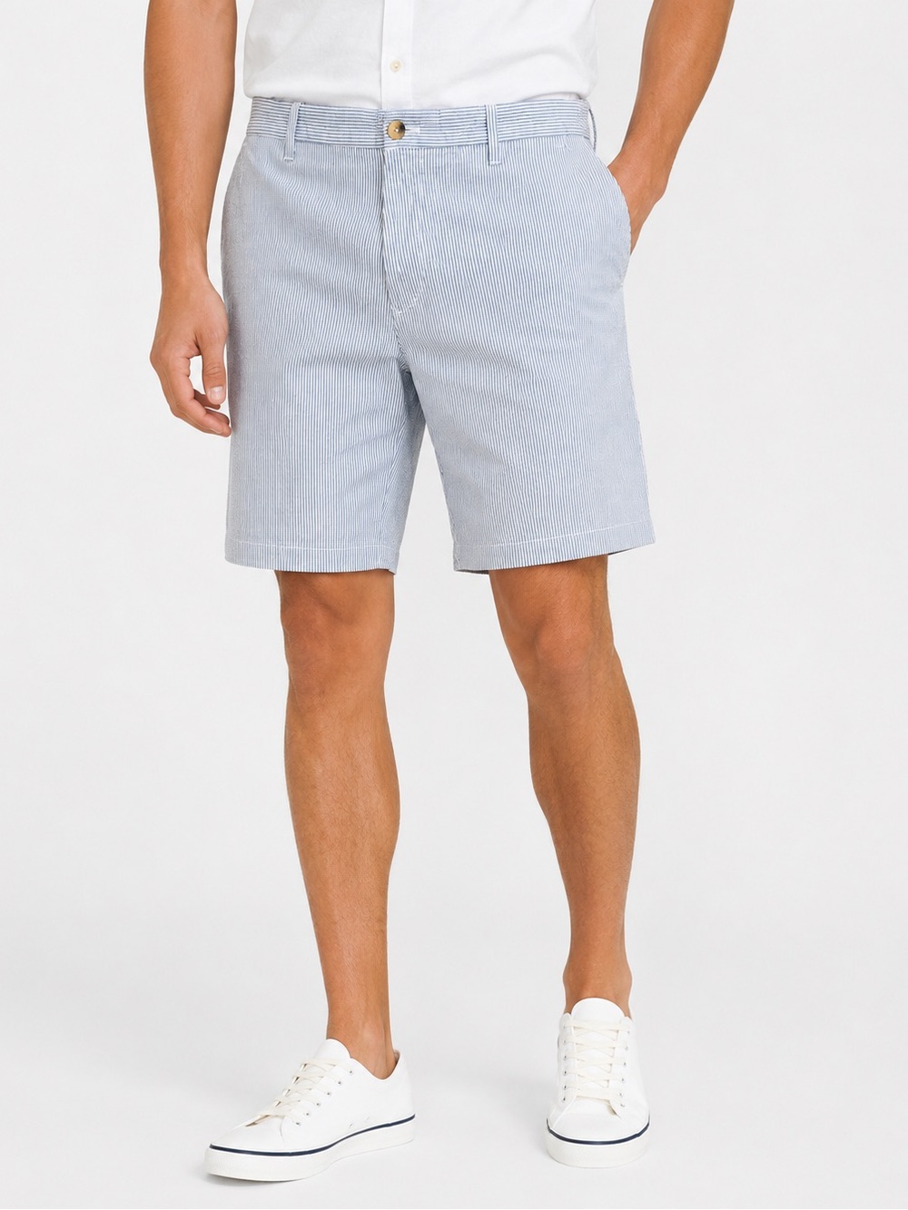 IZOD Men's Seersucker Shorts Blue White Stripe Flat Front Cotton Size 32 Resort